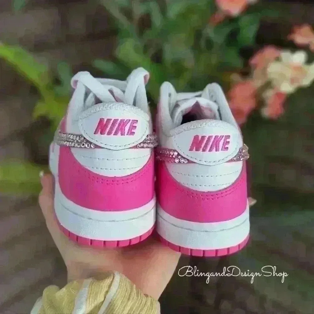 Swarovski Nike Dunk Low Pink Girls Kids Sneakers Shoes made with Clear Crystals